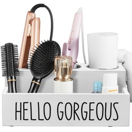 Bivvclaz Hair Tool Organizer Wall Mount, Wooden Hair Dryer Holder Countertop, Hot Tools Organizer for Hair Styling Accessories, Bathroom Supplies Vanity Caddy for Curling Wand, Blow Dryer, White