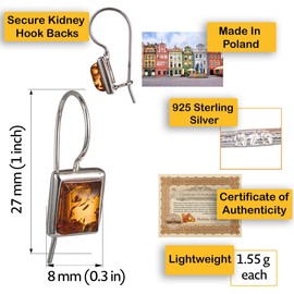 Amber Jewelry for Women - Sterling Silver and Baltic Amber Kidney Hook Honey Amber Rectangular Earrings, Gemstone Drop Earrings - Sterling Silver Jewelry Collection