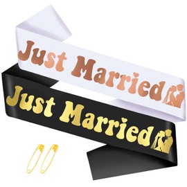 2 Pcs Just Married Sashes Set - Glitter Bride & Groom to Be Sashes for Bachelorette Bachelor Party, Bridal Shower, Wedding - White & Black Satin Decorations (Engagement Gifts)