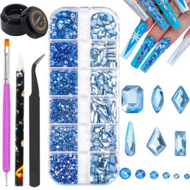 Nail Rhinestones Kit Round Flat Back Rhinestones 1500Pieces Multi Shape Light Blue Nail Gems 10ml Gel Nail Glue with Nail Crystals Diamonds Jewelry Rhinestones for Nail Design DIY Crafts Decoration