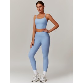 OMEWEE Gym sets for women 2 piece, women's sports set with removable chest pad top and ribbed waist leggings sky blue L