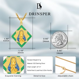 DRINSPER Miraculous Medal Virgin Mary Necklace for Women Men 925 Sterling Silver Virgen De Guadalupe Pendant Blessed Mother Mary Catholic Religious Amulet Charm Jewelry Gifts
