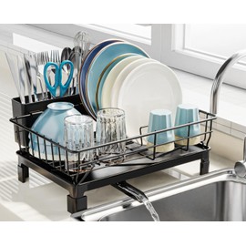GSlife Dish Drying Rack for Kitchen Counter or in Sink - Small Dish Rack for RV and Small Apartment Counter Top Space, Compact Dish Drainer with Utensil Holder and Drain Spout, Black