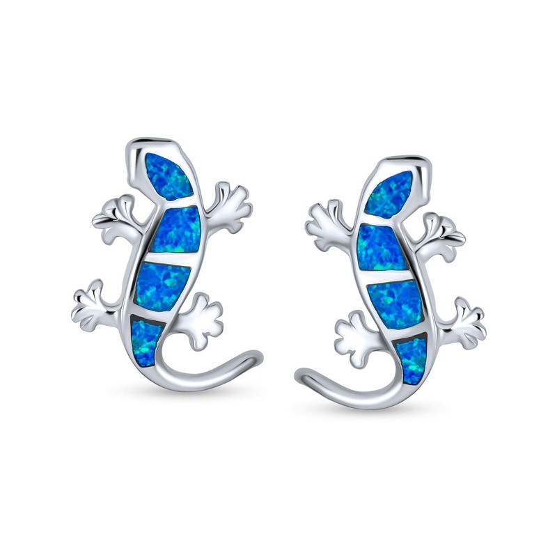 Iridescent Blue Created Opal Inlay Garden Gecko Lounge Lizard Stud