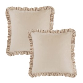 GIGIZAZA Champange Decorative Throw Pillow Covers, 16x16 Velvet Ruffle Cushion Pillow Covers for Sofa Couch Set of 2