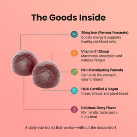 Halal Certified Iron Gummies - Vegan Iron 20mg Gummy Supplement with Vitamin C - Non-Constipation, High Absorption, & Accurate Dosing - 60 Count, Tasty Berry Flavor