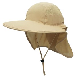 Surblue Sun Hat with Neck Flap, Wide Brim Fishing Hat Breathable Mesh Adjustable Drawstring UPF50+ Safari Cap Outdoor Hiking for Men and Women,Khaki