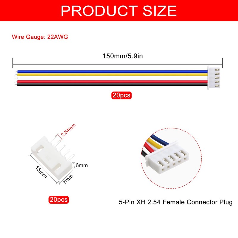 Lyeteung 20 Sets JST 2.54 XH 5 Pin Connectors, Mini