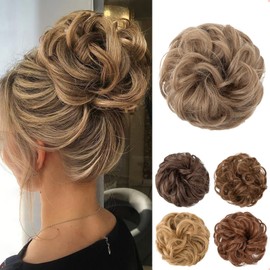 JJstar Bun Hairpiece Large Hair Piece Curly Wavy Human Hair Fake Elastic Hair Extensions for Women and Girls (Mix of Brown Blonde)