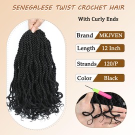 MKJVEN 12 Inch Wavy Senegalese Twist Crochet Hair With Curly Ends 8 Packs Senegalese Crochet Twist Braiding Hair Extensions for Women Kids(12 Inch,1B）
