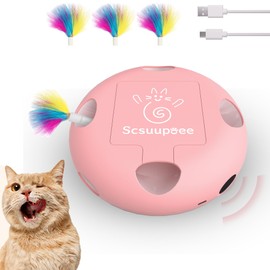 Scsuupoee Interactive Cat Toy, Electric Cat Toys for Moving Concealed Feathers, Smart Sensor 7 Holes Whack a Mole Feather Toy, USB Charge Automatic Kitten Toys, Pink