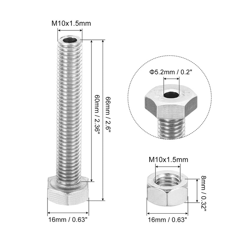 PATIKIL M10x60mm Hollow Outside Hex Screw Set of 2 Cylindrical