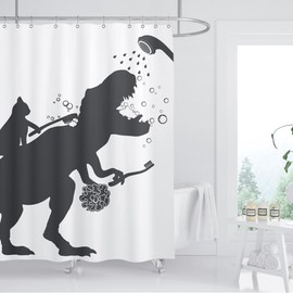 BIYSUC Cat Dinosaur Shower Curtain Funny Cat Help Dino Bathe for Kids Boys Trex Silhouette Shadow Black White Bathroom Waterproof Polyester Fabric 72Lx72W Inch with Hooks