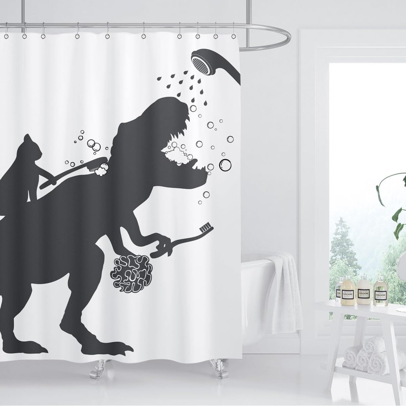 BIYSUC Cat Dinosaur Shower Curtain Funny Cat Help Dino Bathe