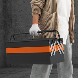 HAPPYGRILL Portable Metal Tool Box, 20-Inch 5-Tray Steel Tool Chest Cabinet with Convenient Handle, 3-Level Fold Out Storage Chest for Repair Shop Household Garage