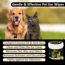 Hanu Ear Finger Wipes for Dogs & Cats Gently Remove Dirt, Wax & Debris - Relieve Ear Itching & Discomfort, Sooths & Deodorizes - All Natural Ingredients - Vet Recommended - 50 Count