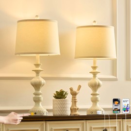 SAIWEYA 27.5" Farmhouse Table Lamps Set of 2 Bedside Lamp with USB C+A Ports & AC Outlet, 3 Way Dimmable Touch Lamps for Living Room Bedroom Office Study Room Rustic Nightstand Traditional Lamp