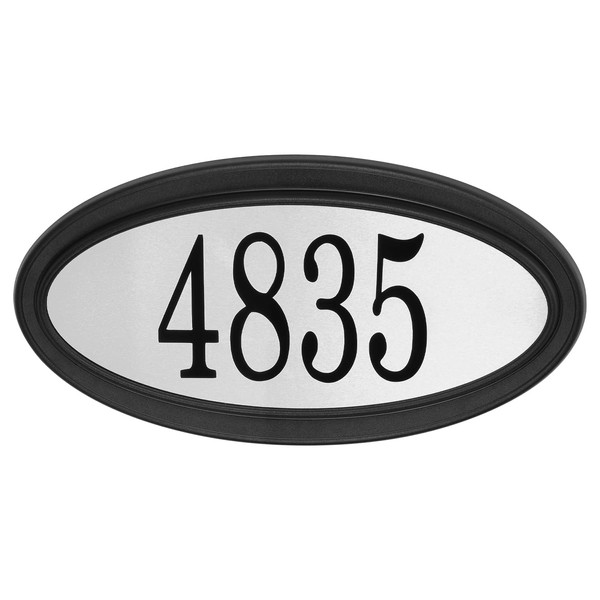 Oval Address Plaque – 4’’ Peel & Stick House Numbers INCLUDED – Outdoor Weatherproof Home Sign – PRO-DF - Made in Canada (Black/Stainless Steel)
