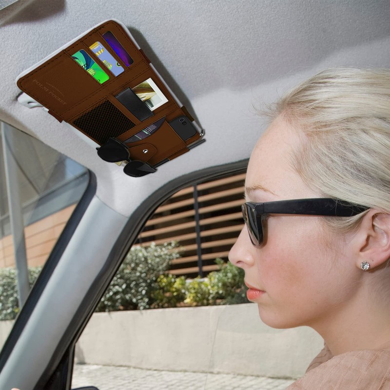 Car Sun Visor Organizer, Leather Pocket Organizer Sunglass Holder for