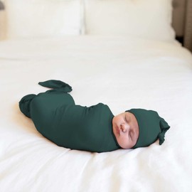 Kloovete Large Jersey Knitted Swaddle Blanket for Baby, Soft Stretchy Receiving Blanket for Newborns with Hat, Baby Nursery Swaddle 47 x 47 inches(Peacock)