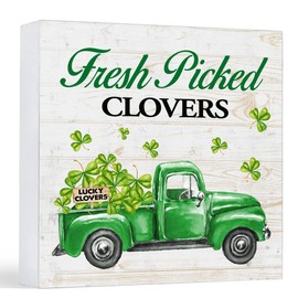 St. Patricks Day Decor Farmhouse Fresh Picked Clovers Shamrock Truck Wood Sign St Patricks Day Decorations Home Table Desk Decor (5 x 5 Inches)