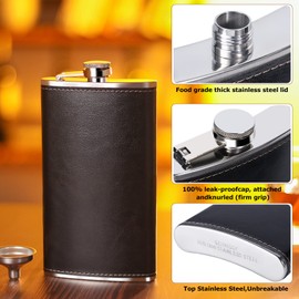 GENNISSY 10oz Whiskey Flask for Men - Stainless Steel Hip Flask with Black Leather, Leakproof with Funnel & Never Lose Cap, Gift for Men(Groomsmen, Camping, Wedding)