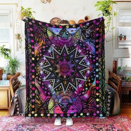 kampdream Colorful Ceometric Art Throw Blanket, Hippie Abstract Sun and Moon Purple Aesthetic Comforter Nap Throws for Couch Chair Bed Decor Comforter 40×50 inch