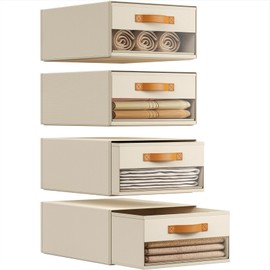 Closet Organizers and Storage 4 Pack Clothes Storage Drawers Fabric Closet Storage Stackable Clothes Organizers With Clear Window Pull-Out Storage Drawers Underbed Storage Bins Beige