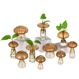 Glasseam Mushroom Plant Propagation Stations: Amber Glass Terrarium Jar Set of 10 Cute Planters for Indoor Plants Mini Propagate Station Unique Christmas Birthday Gifts for Women Home Office Decor
