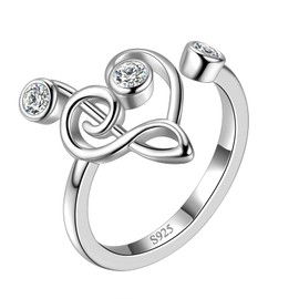 Aurora Tears Musical Note Adjustable Rings 925 Sterling Silver Harp Treble Clef Open Ring Jewellery for Women and Girls DR0131W, Silver