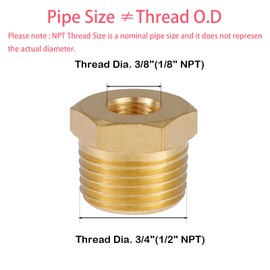 BILAL 1/2" Male x 1/8" Female NPT Reducer Hex Bushing, Reducing Bushing Adapter Brass Threaded Pipe Fitting (O.D x I.D: 3/4" x 3/8")-2 Pcs
