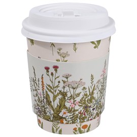 AimFun 50Pcs Floral Disposable Coffee Cups with Lids and Sleeves Vintage Botanical Herb 8oz To Go Party Paper Drinking Cup for Birthday Weddings Bridal Shower Tea Party Supplies