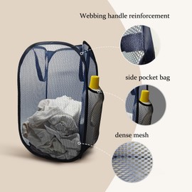 Upgraded pop-up laundry basket, with a foldable design. The handle is sturdier and made of more flexible steel support. It has storage pockets, a wide opening(2, Dark blue)