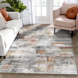 vivorug Washable Rug, Ultra Soft Area Rug 3x5, Non Slip Abstract Rug Foldable, Stain Resistant Rugs for Living Room Bedroom, Modern Fuzzy Rug (Gray/Rust, 3'x5')