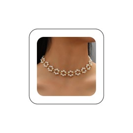 Inilbran Boho Pearl Choker Necklace Vintage Pearl Flower Necklace White Pearl Strand Necklace Adjustable Hollow Pearl Flower Chain Necklace Jewelry for Women