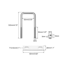 sourcing map 2 Sets Square U Bolts 52 mm (2.05 Inches) Inner Width 120 mm Length M10 304 Stainless Steel U Clamping Screw with Nut and Plate for Boat Trailer