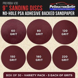 ProductionShop Premium 9" PSA Red Sanding Discs, 30 Disc Variety Pack, Grits 60, 80, 120, 150, 180, 220 - Self Adhesive Stickyback Sandpaper for Drywall, Woodworking Sand Automotive Paint