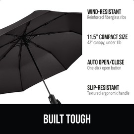 GORILLA GRIP Strong Windproof Stick Compact Umbrella for Rain, One-Click Automatic Open and Close, Durable Quick Dry Waterproof Material, Lightweight and Portable, Travel Size Fits Backpack, Black