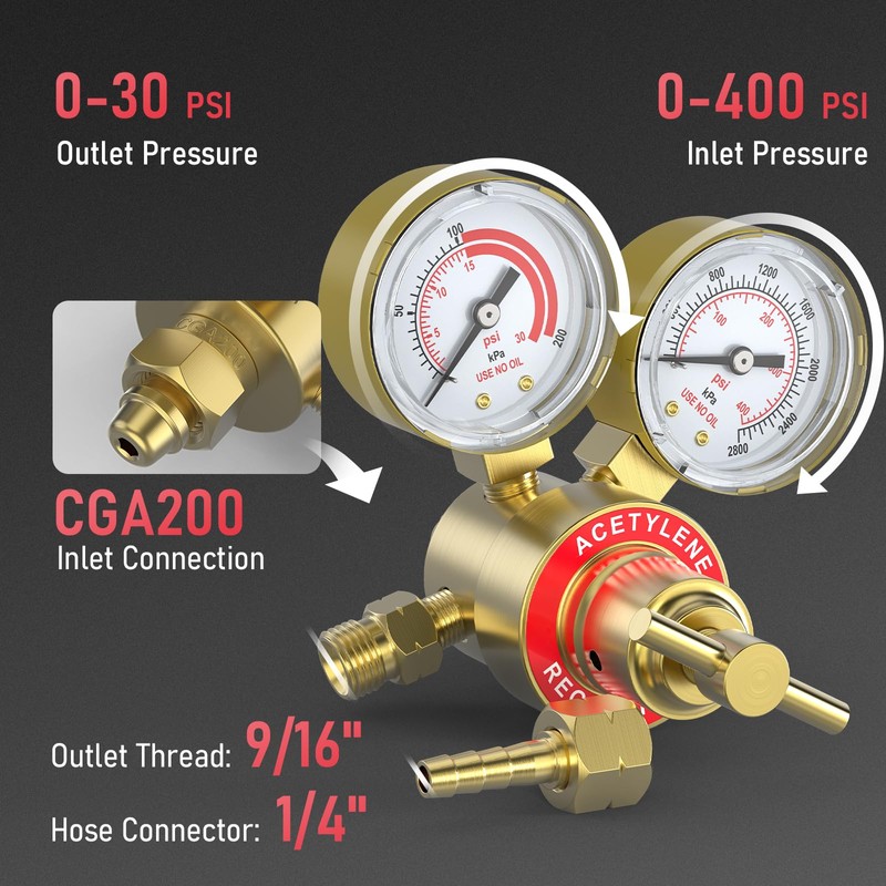 YESWELDER Acetylene Regulator CGA200, 0-400PSI and 0-30PSI Welding Gas Gauges