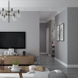 Haimin Grasscloth Wallpaper Peel and Stick 20.9in X 393in Fabric Contact Paper Wall Paper Textured Wallpaper Vertical Stripes Look Self-Adhesive Thick Vinyl Embossed (Gray)