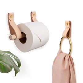 Keyaiira Modern Farmhouse Leather Toilet Paper Holder & Gold Hand Towel Ring Bathroom Accessories Set Unique Decor Style Hanging Strap Loop Hanger