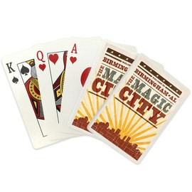 Birmingham, Alabama, Skyline and Sunburst Screenprint Style, Magic City (52 Playing Cards, Poker Size Card Deck with Jokers)