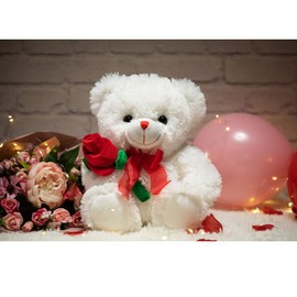 BEJOY Teddy Bear Stuffed Animal Rose Bear with Red Bow Soft Plush Toy Holiday Valentine's Day 12 Inches White