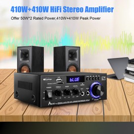 AK45 Pro Amplifier Home Audio Bluetooth 5.0 HiFi Stereo Amplifier Rated Power 50W 2.0 Channel Power Amplifier Mini AMP Stereo Receiver for Home Theater Speakers w/USB/SD/RCA/2 MIC in for Karaoke