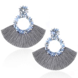 Gleamart Hoop Tassel Earrings for Women Statement Handmade Beaded Fringe Earrings Grey