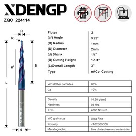 XDENGP Spiral Tapered Ball Nose Spiral Router Bit for CNC, 3.92 Deg 2 mm Tip Dia, 2 Flute and 1-1/4 inch Cutting Length 1/4 inch Shank with NACO Coated Carbide End Mill for Wood 2D/3D Carving