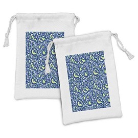 Ambesonne Paisley Fabric Pouch Set of 2, Ocean Waves Like Design with Big and Small Raindrops Inspired Artwork, Small Drawstring Bag for Toiletries Masks and Favors, 9" x 6", Blue and Green
