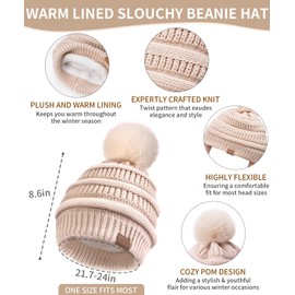 Winter Beanie Hat Scarf Gloves Set for Women, 3 PCS Warm Pom Pom Beanie Long Knit Scarf Anti-Slip Touchscreen Gloves Fleece Lined Hat Winter Gifts for Cold Weather Birthday Christmas Gifts for Adults