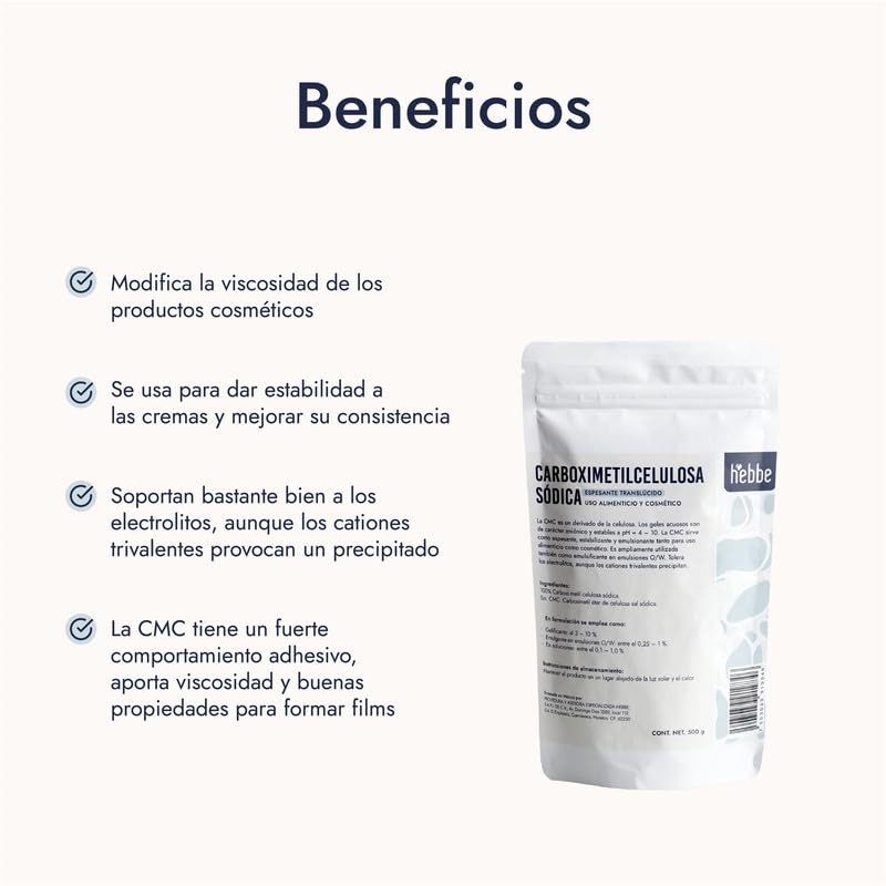 Hebbe - Carboximetilcelulosa, Gelificante y Espesante Natural para Cosméticos, 500
