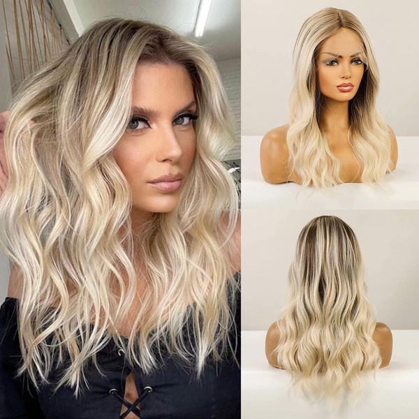 Ombre Blonde Lace Front Wigs Long Wavy Synthetic Lace Front Wigs for Women BLONDE UNICORN Lace Front Wig Ombre Brown to Blonde Wigs Middle Part Hair Wigs……